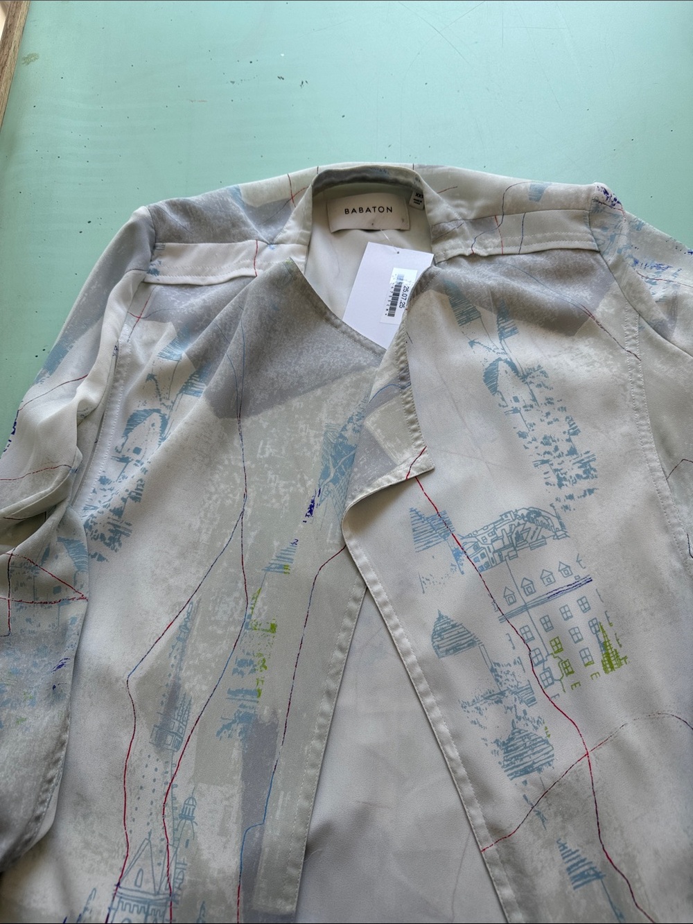 Babaton Cream Trench with Pale Blue & Light Gray Print